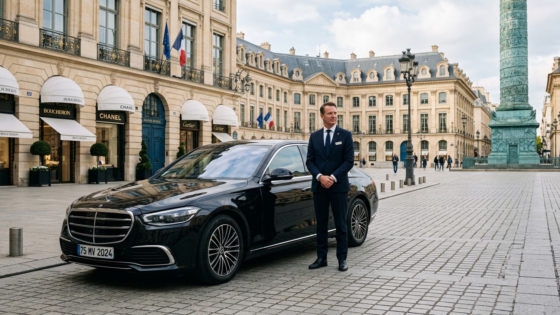 Executive Mercedes S-Class limousine parked outside luxury Paris palace with suited private chauffeur