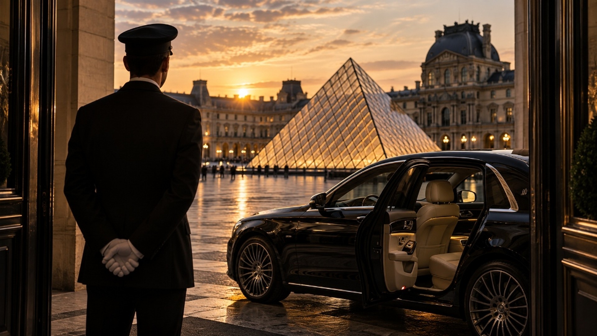 Suited private chauffeur opening luxury Mercedes sedan door outside palace hotel in Paris