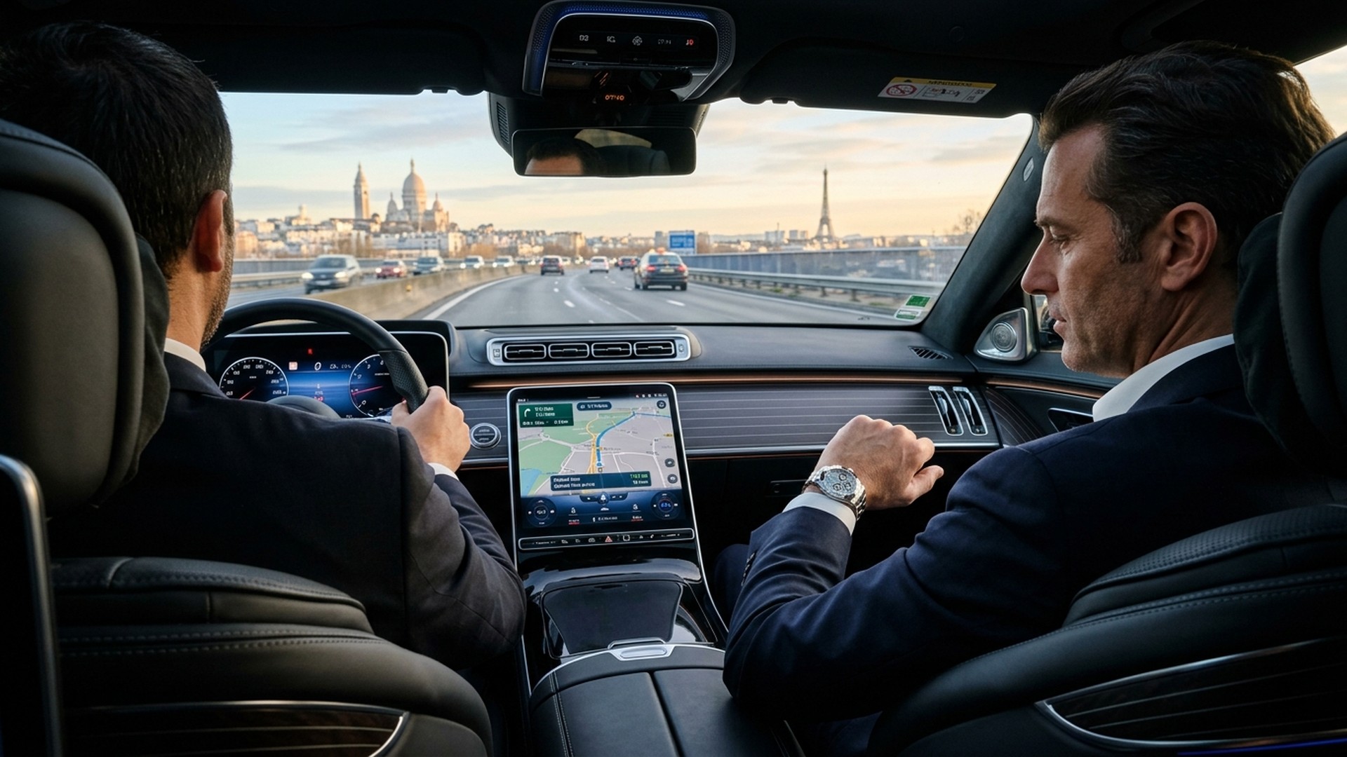 Executive Mercedes sedan driving smoothly on highway towards Paris skyline