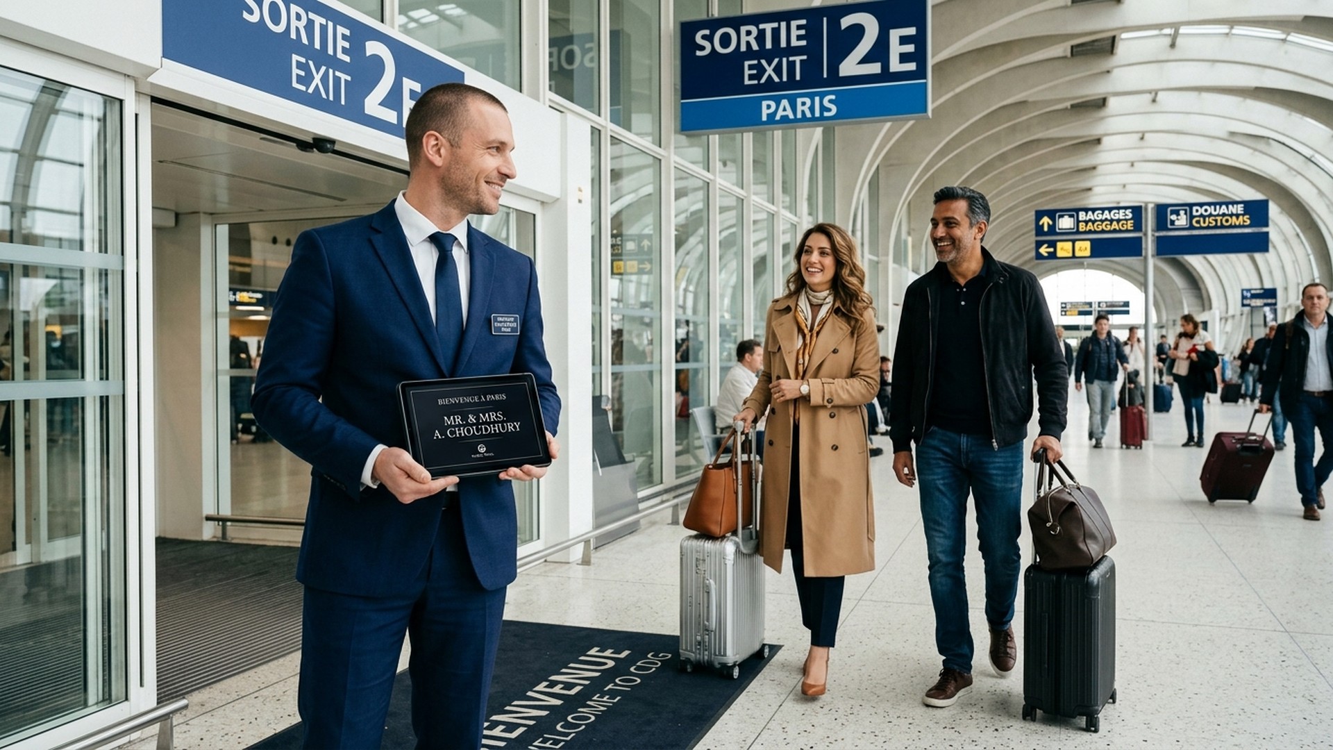 Chófer con traje esperando en la terminal de llegadas de París CDG con una tableta nominativa