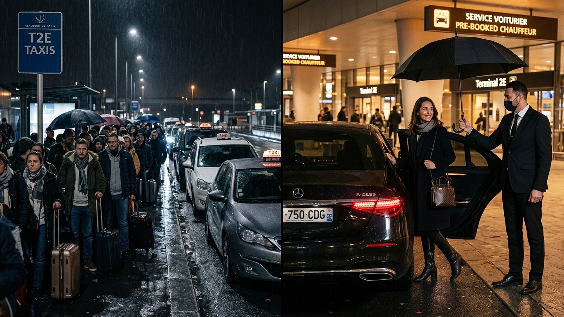 Visual comparison between suited private chauffeur and long taxi queue at Roissy airport