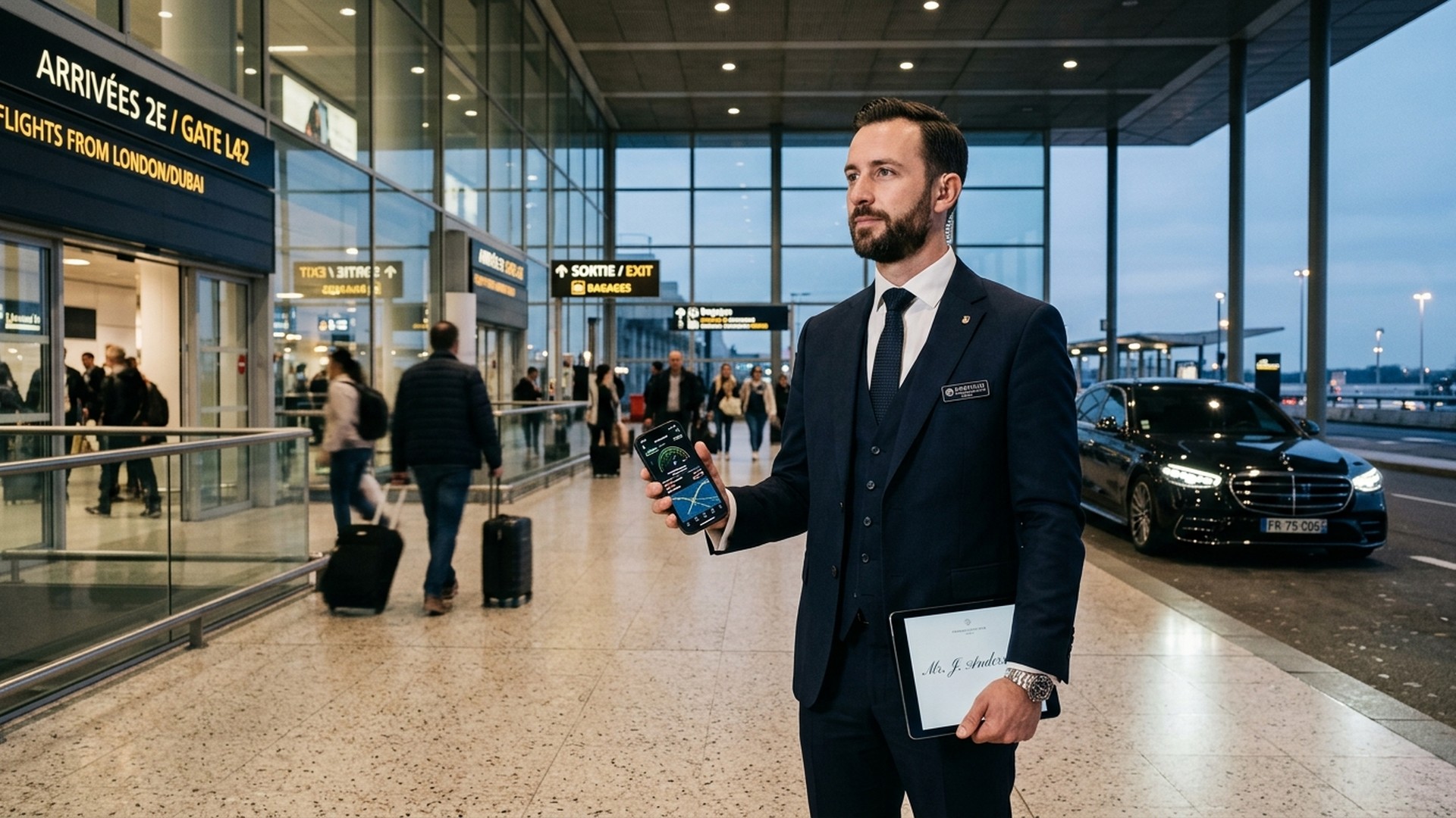 Chauffeur in tailored suit tracking flight telemetry on smartphone outside Paris airport terminal