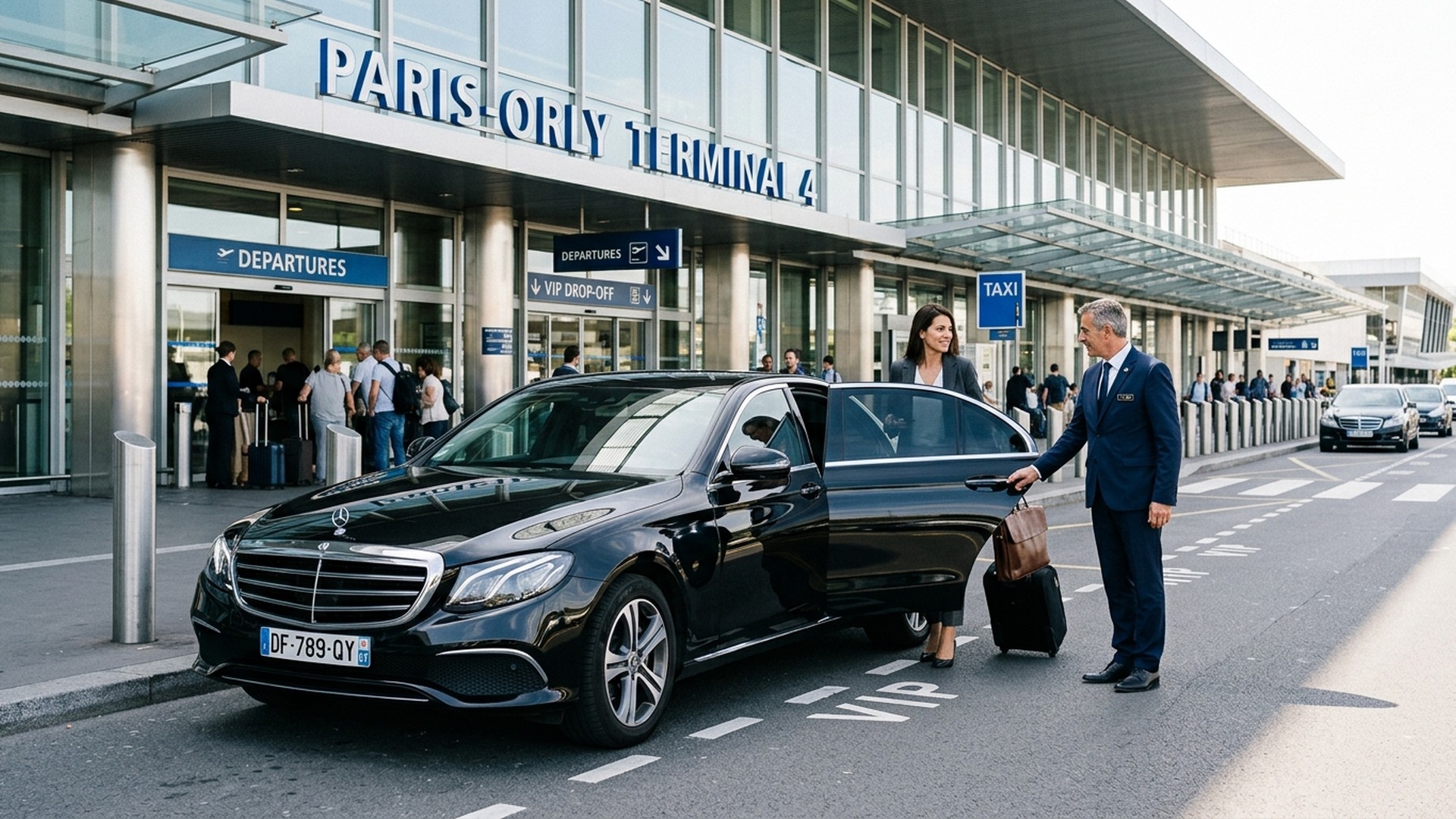 Vehículo de lujo Mercedes esperando en el aeropuerto de París Orly con chófer privado