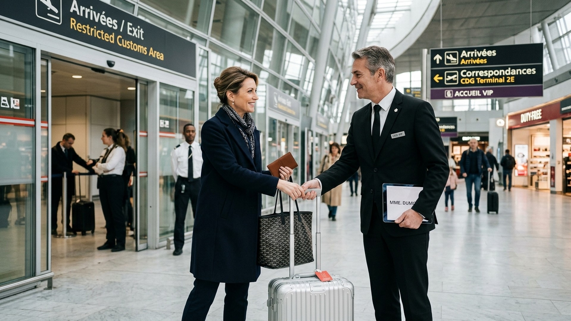 Chauffeur privé en costume cravate tenant une pancarte nominative à la sortie des passagers VIP