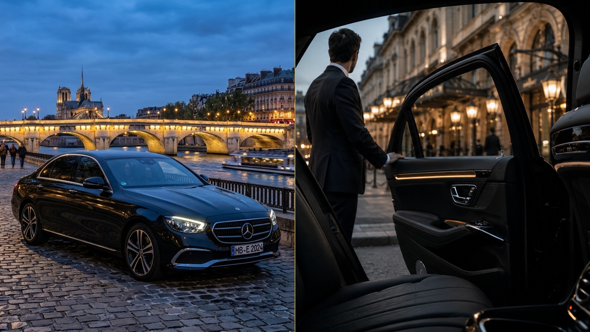 Side-by-side view of executive Mercedes E-Class and flagship S-Class limousine in Paris