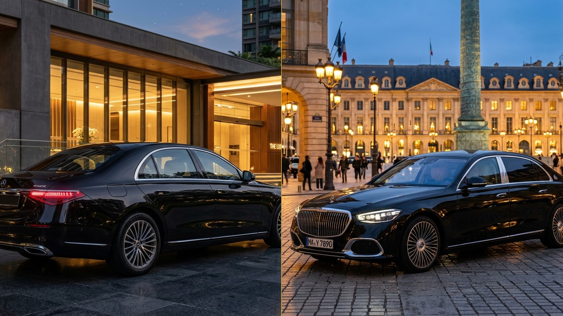 Intérieur First Class d’une limousine Mercedes-Maybach avec flûtes de champagne et sellerie nappa à Paris