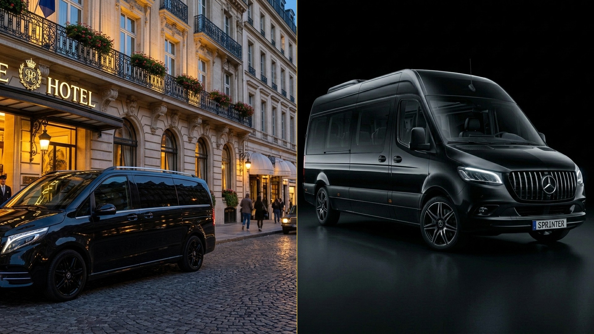 Minibus de luxe Mercedes Sprinter VIP et van Classe V stationnés à Paris