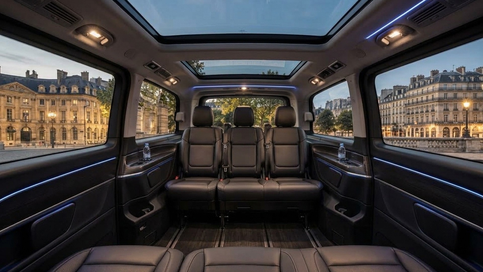 Seating layout of a luxury Mercedes V-Class van accommodating up to 7 passengers in Paris