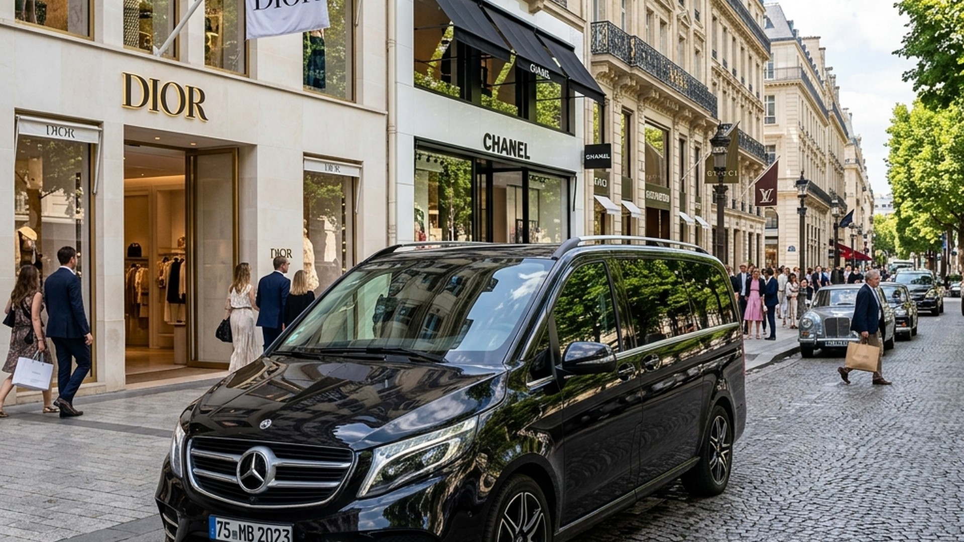 Chauffeur privé portant des sacs de shopping de luxe devant une boutique Avenue Montaigne à Paris
