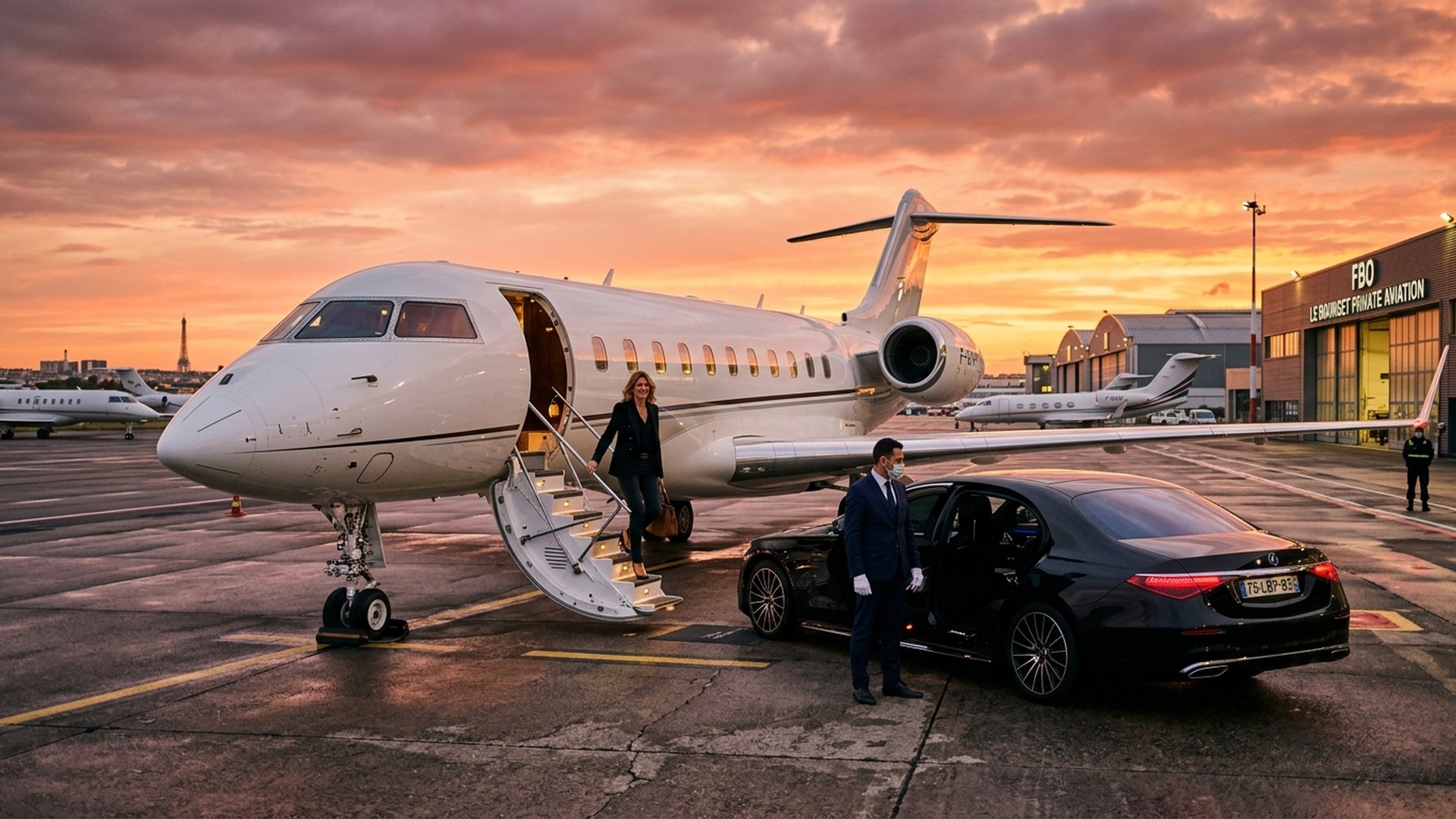 Limousine Mercedes Classe S stationnée sur le tarmac au pied d’un jet privé à l’aéroport de Paris-Le Bourget