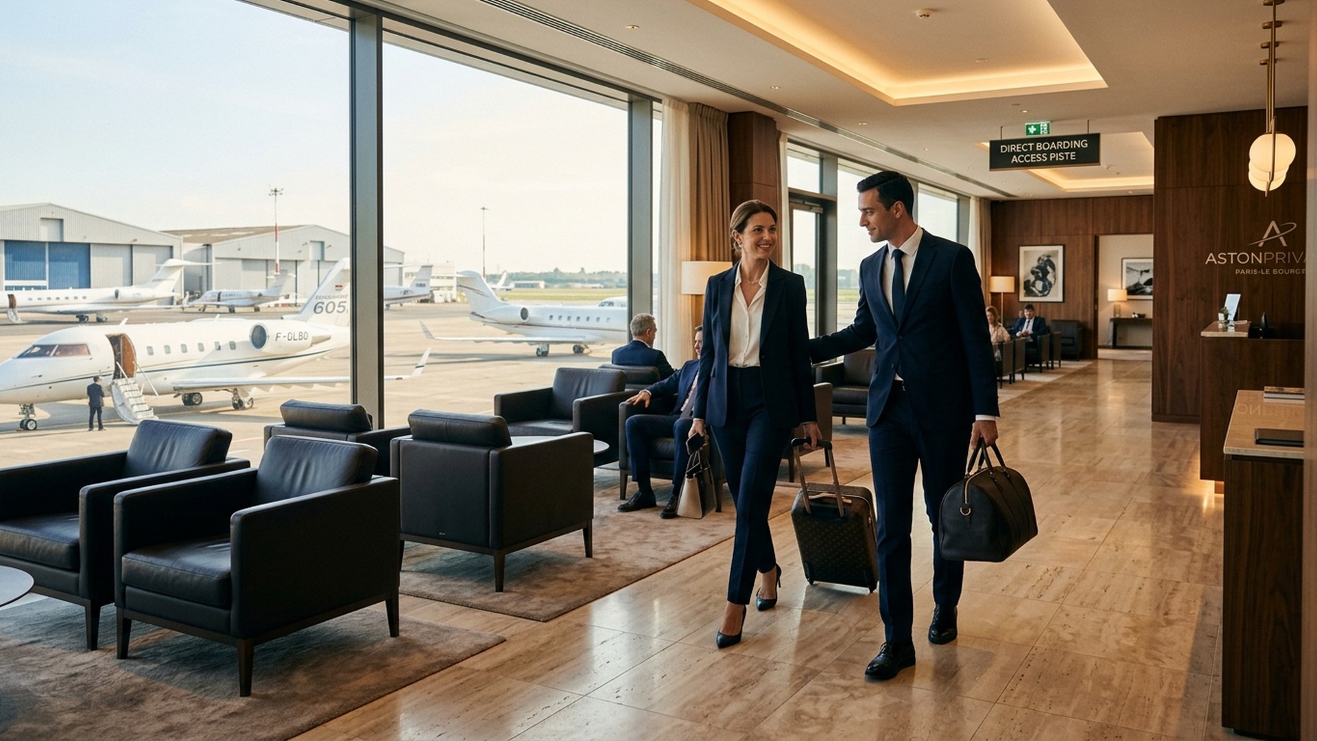 Chauffeur opening limousine door beside executive private jet on the runway at Paris Le Bourget Airport