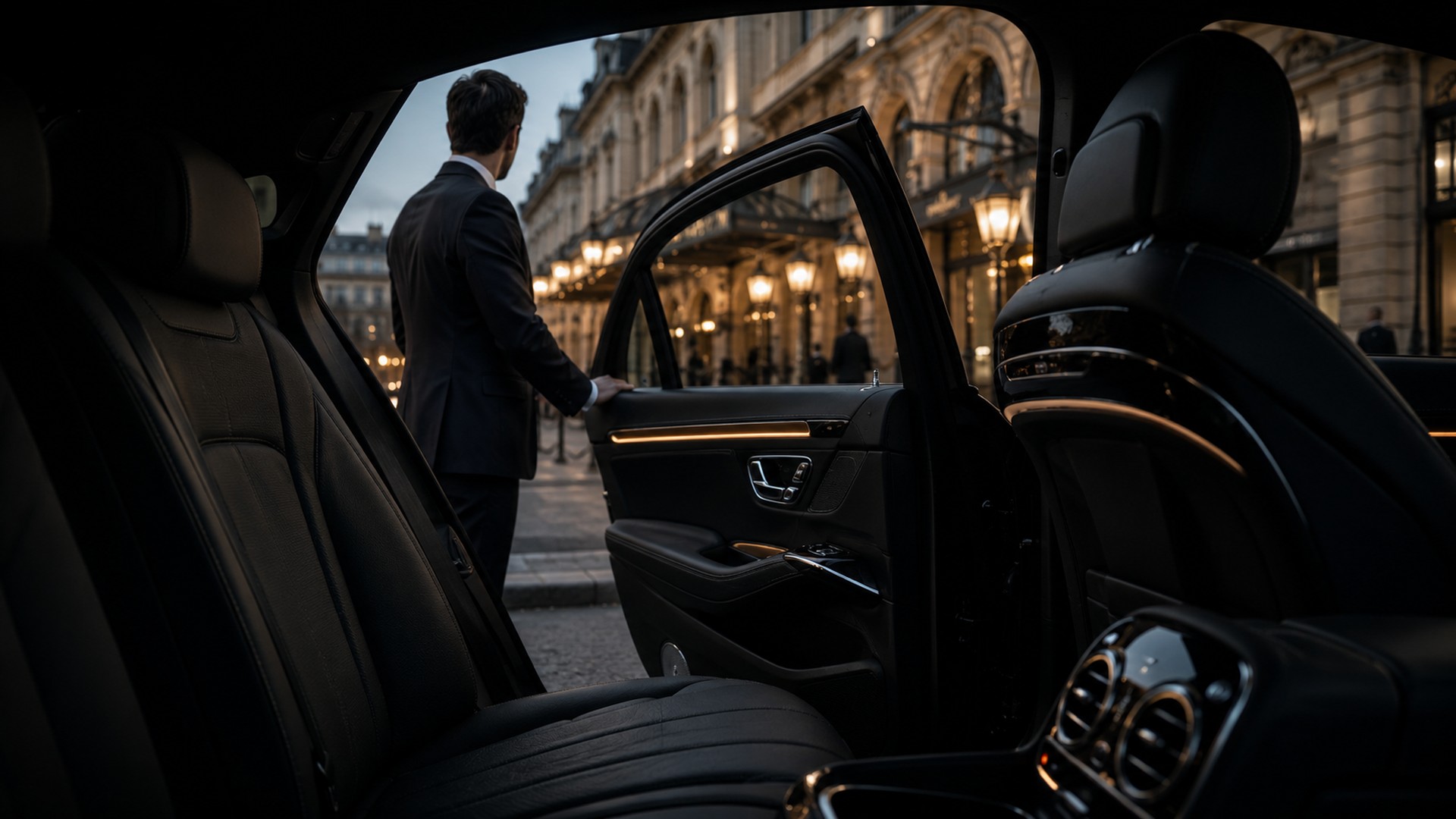 Chauffeur privé ouvrant la portière d’un van Mercedes aux vitres teintées pour une célébrité dans une cour privative à Paris