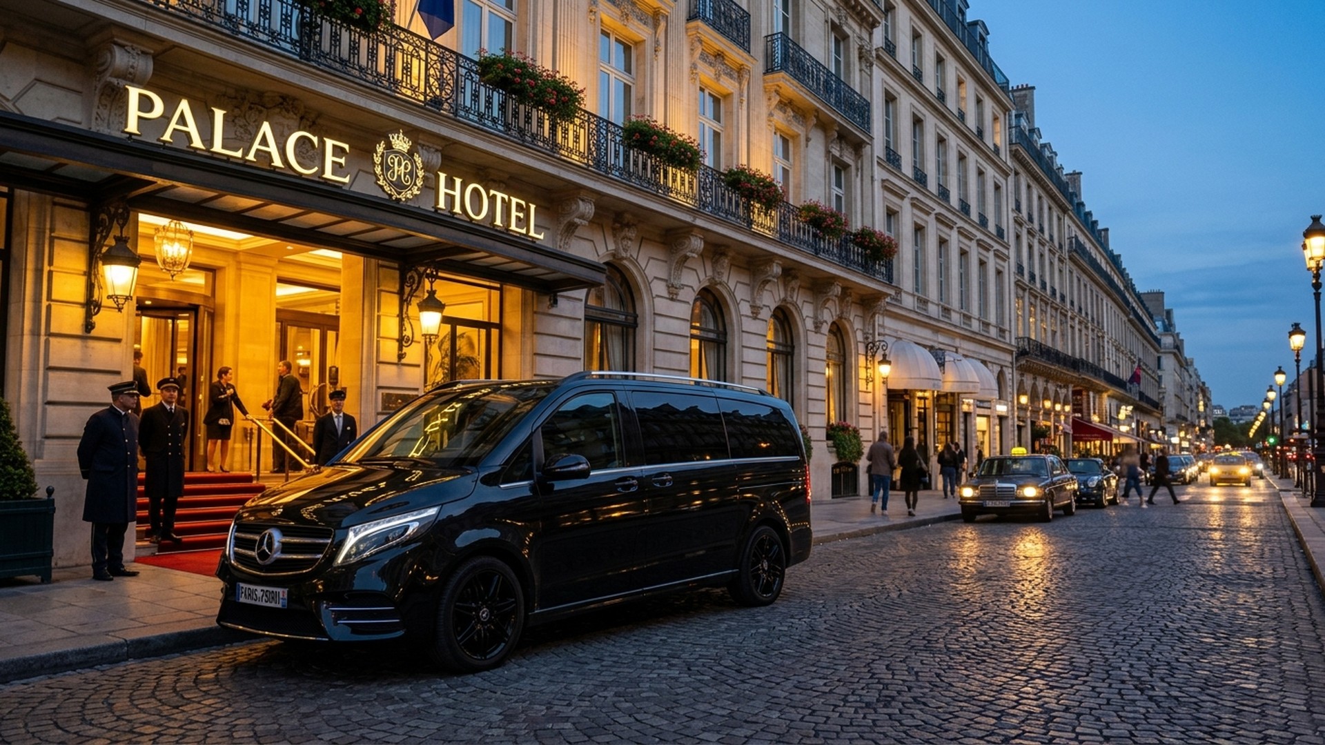 Fleet of luxury Mercedes vans and sedans lined up outside an exhibition convention center in Paris with dispatch manager