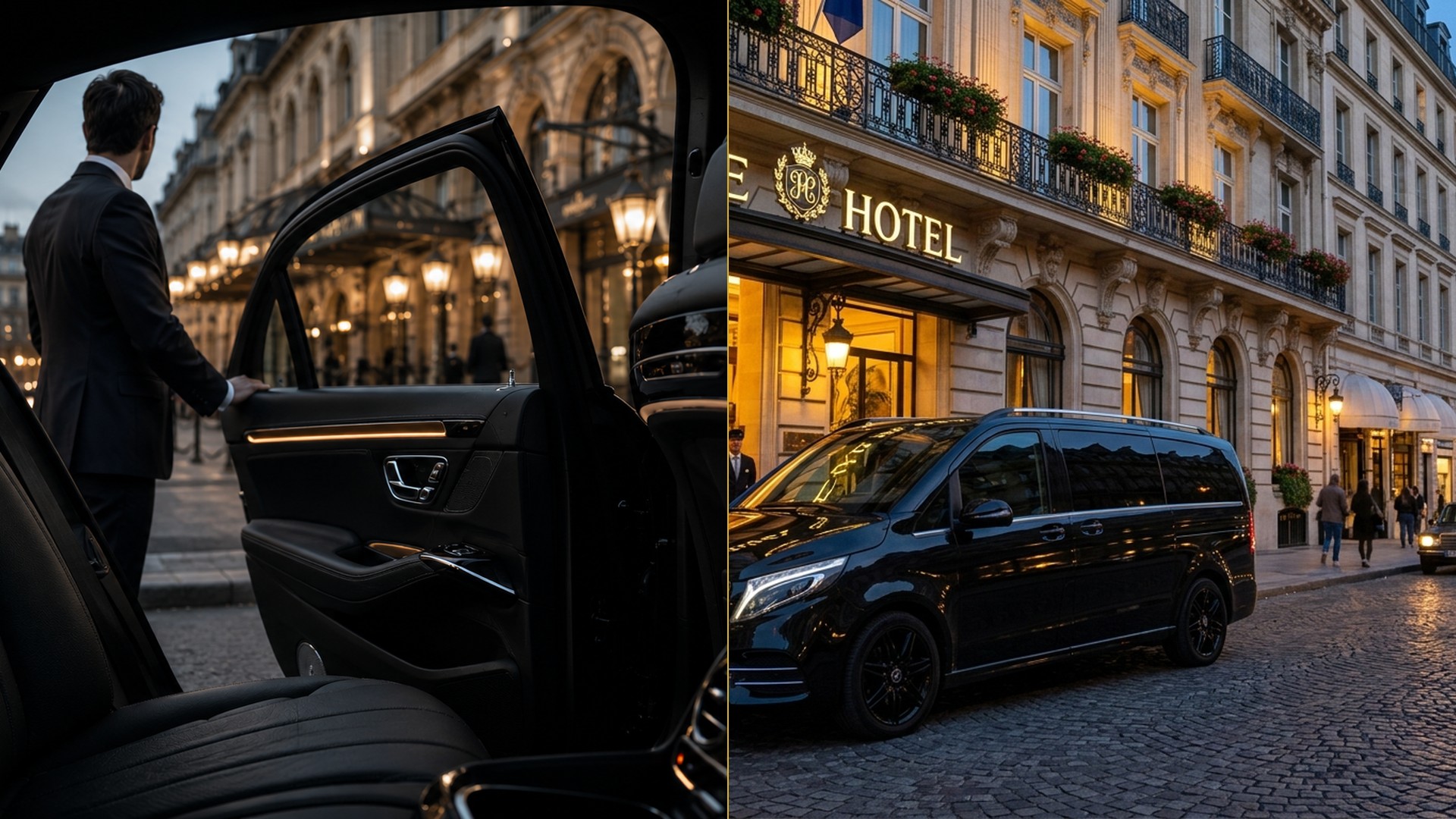 Convoy of matching black Mercedes S-Class sedans and V-Class vans lined up with chauffeurs in Paris
