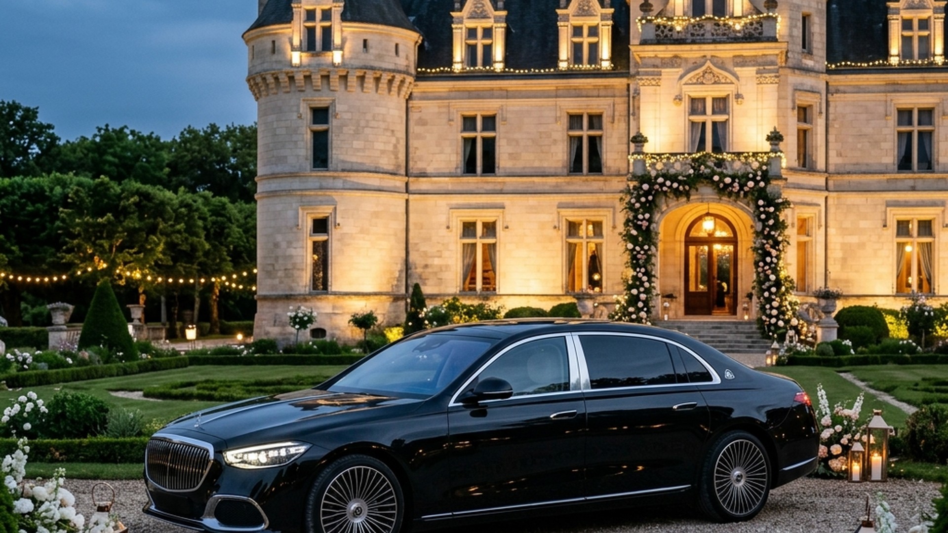 Mercedes-Maybach nupcial decorado con lazos y chófer de etiqueta frente a un castillo cerca de París