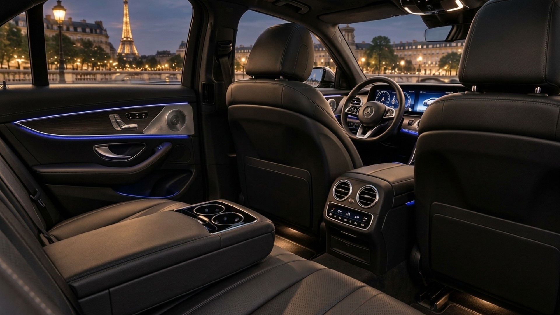 Ejecutivo de negocios trabajando con su ordenador portátil en un Mercedes de lujo en París