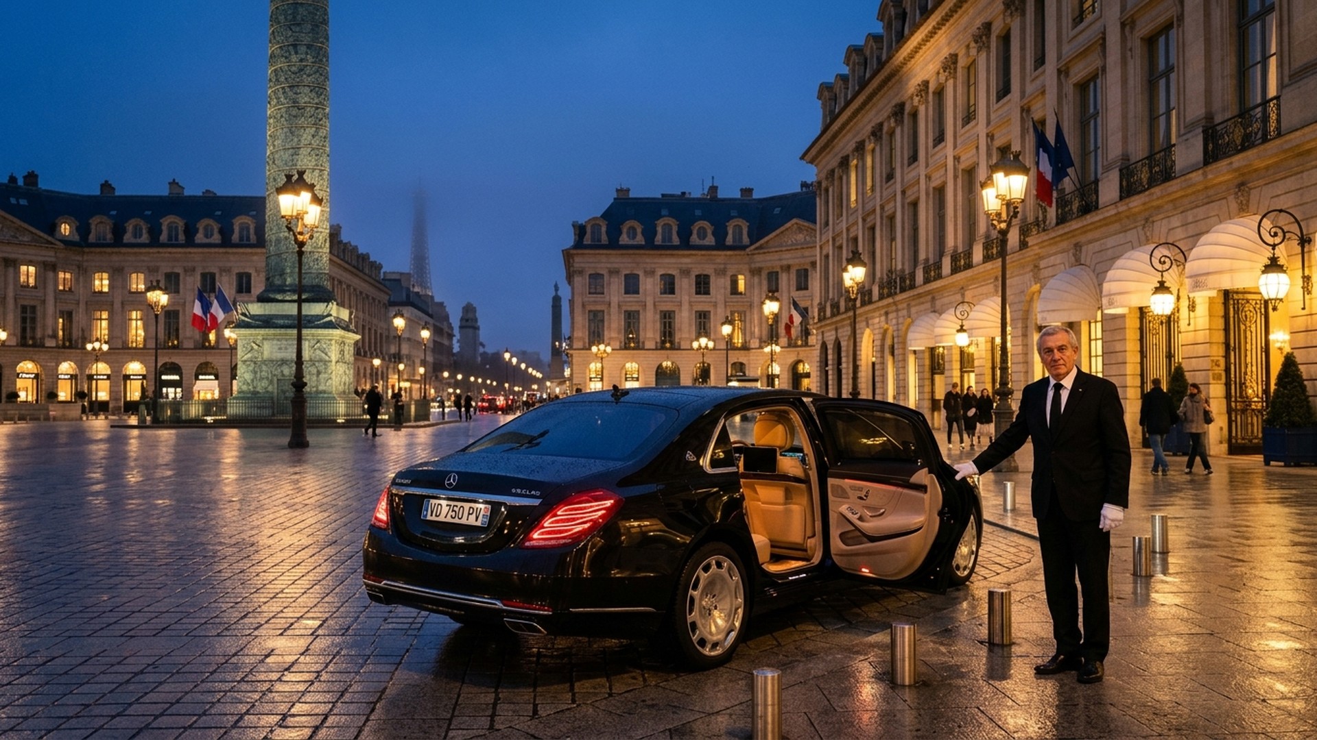 Luxury Mercedes sedan at night on illuminated Paris boulevard with suited private chauffeur
